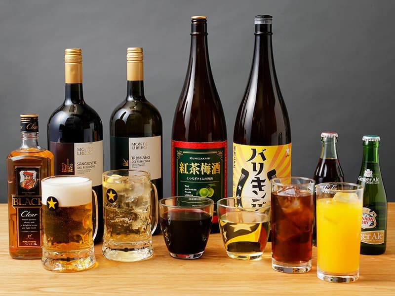 飲み放題メニュー　生ビール、ハイボール、緑茶ハイ、ハウスワイン、梅酒、ソフトドリンクなど